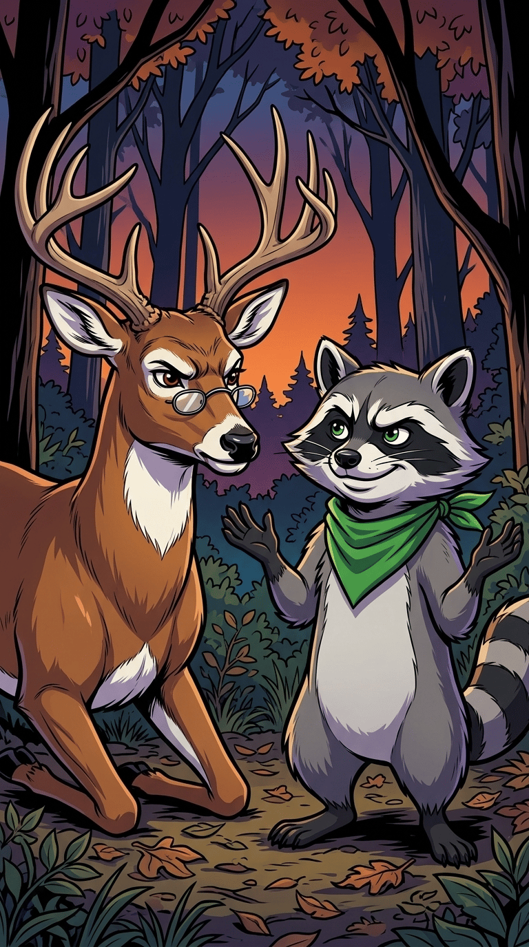 The Burn Pile Council — page 1 panel 4: Bandit gesturing defensively with his tiny paws, defending his actions with a smug grin.