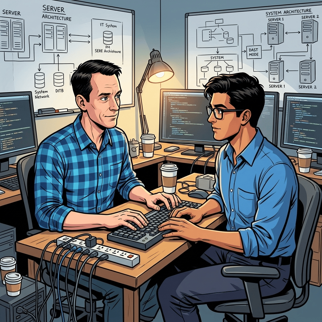 The Man Who Built Google's Brain — page 1 panel 4: Jeff Dean and Sanjay Ghemawat begin coding side by side at one keyboard, their shoulders nearly touching. Their friendship becomes a working rhythm.