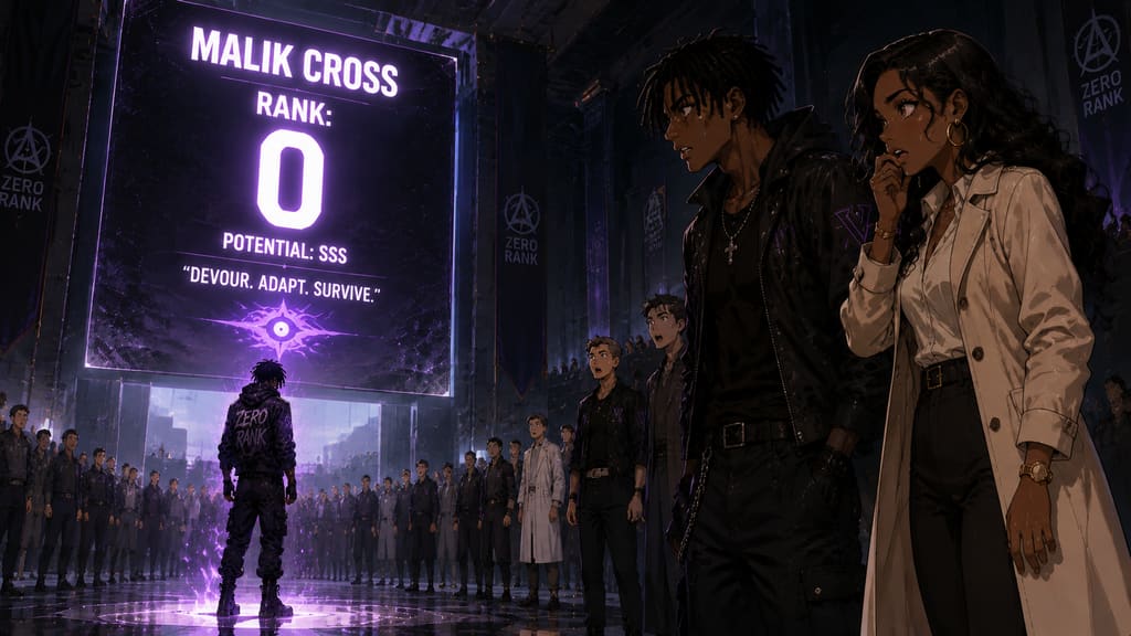 ZERO RANK — Episode 1: Rank Zero — page 1 panel 4: The result appears on the enormous display: RANK: 0. Malik stares upward, stunned, while the room falls silent.