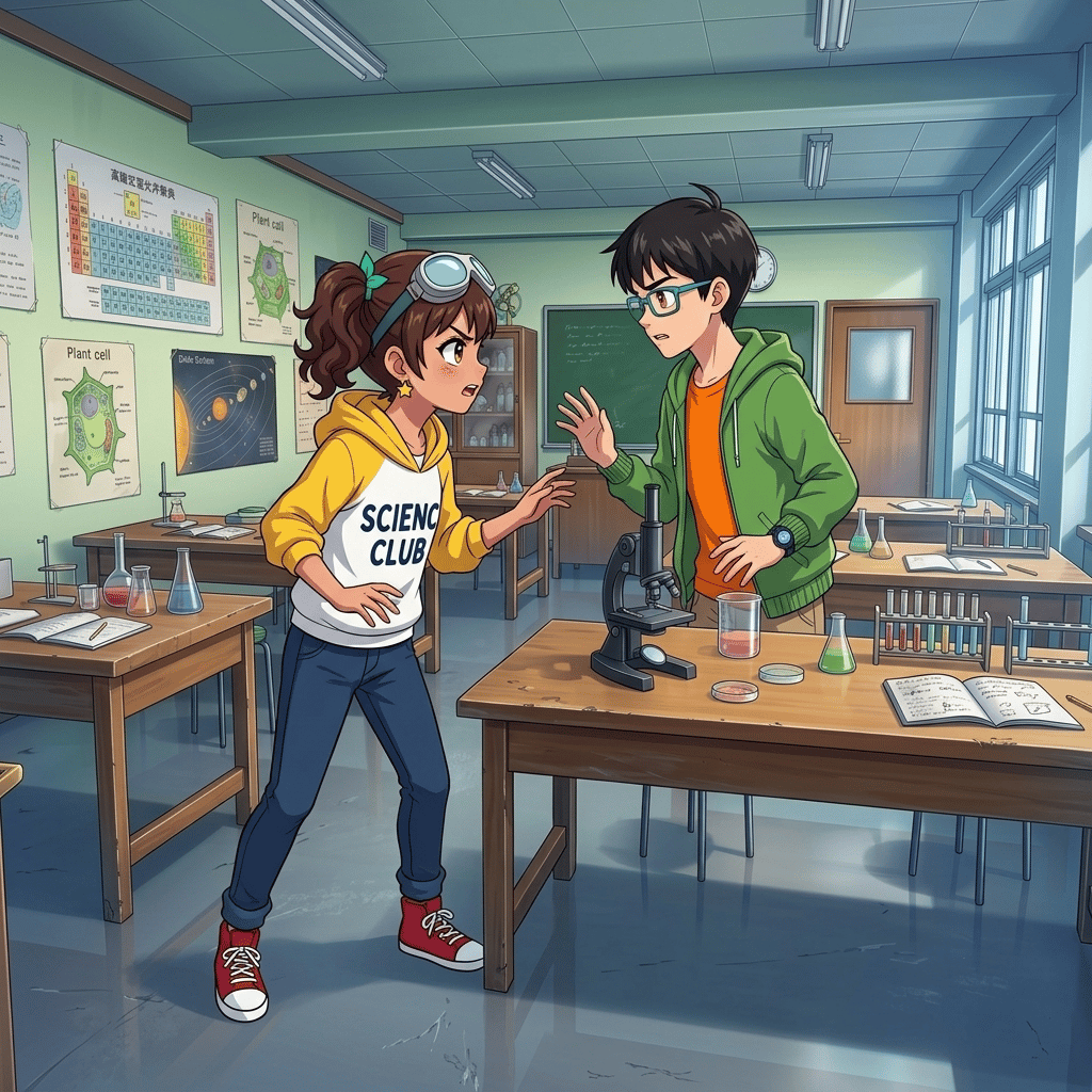 The Secret Above the City — page 1 panel 4: The friends argue beside the worktable. Maya wants to protect the discovery; Leo insists their teacher should know. Their easy rhythm breaks.