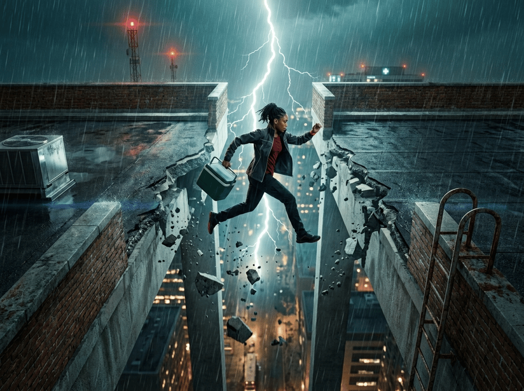 Across the Storm — page 1 panel 4: The final bridge ahead shudders under the thunderstorm. Mara reaches its broken span just as lightning strikes, forcing her to leap across the collapsing gap.