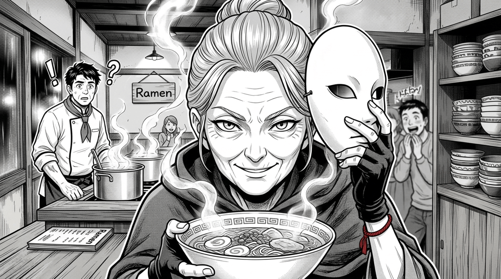 The Last Bowl — page 1 panel 4: The challenger lifts the bowl first, wins, and removes the mask. The chef's shock melts into stunned affection: his grandmother has returned.