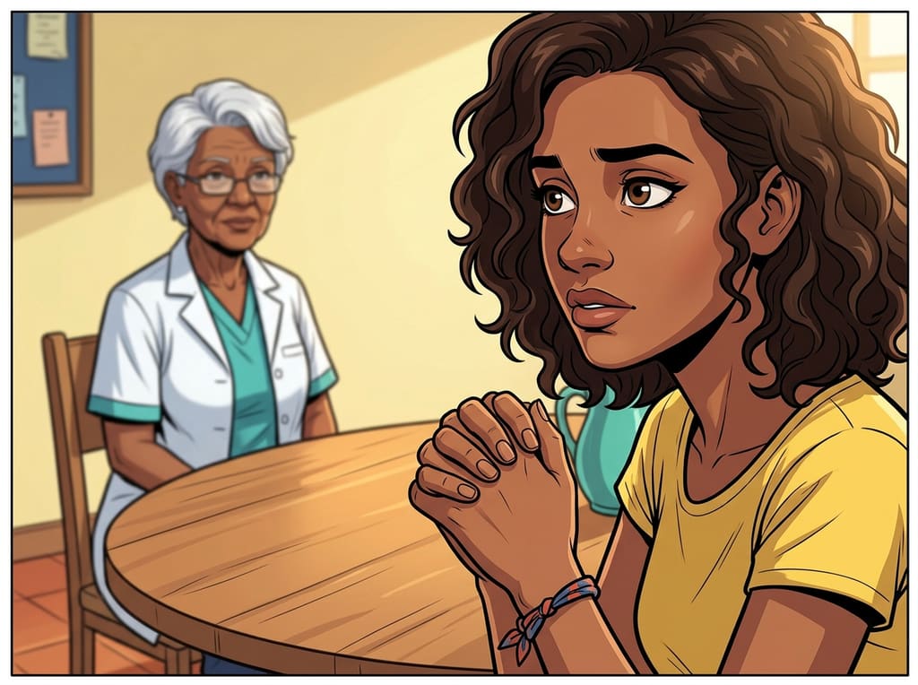 Renascer: Cuidar de Si Também é Viver — page 1 panel 4: Jennifer admite que não entende bem o exame. O orgulho dá lugar à insegurança, enquanto Terezinha escuta sem julgá-la.