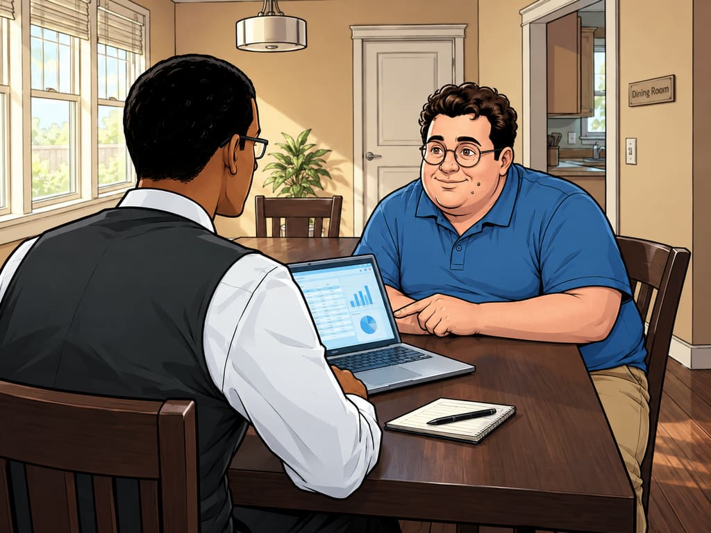 Datagedreven afvallen........ of niet? — page 1 panel 4: Elias opens the laptop while Martin leans forward, eager to turn his intentions into measurable progress.