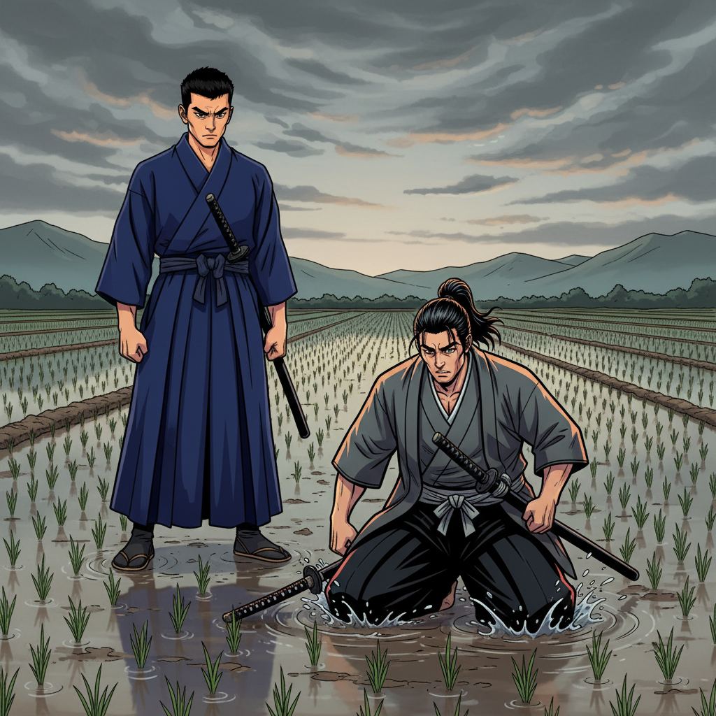 Silent Strike at Dawn — page 1 panel 5: Ren collapses to his knees, his katana clattering to the wet earth, a look of profound shock and acceptance on his face. Kaito stands over him, blade still drawn, his expression a mix of triumph and sorrow.