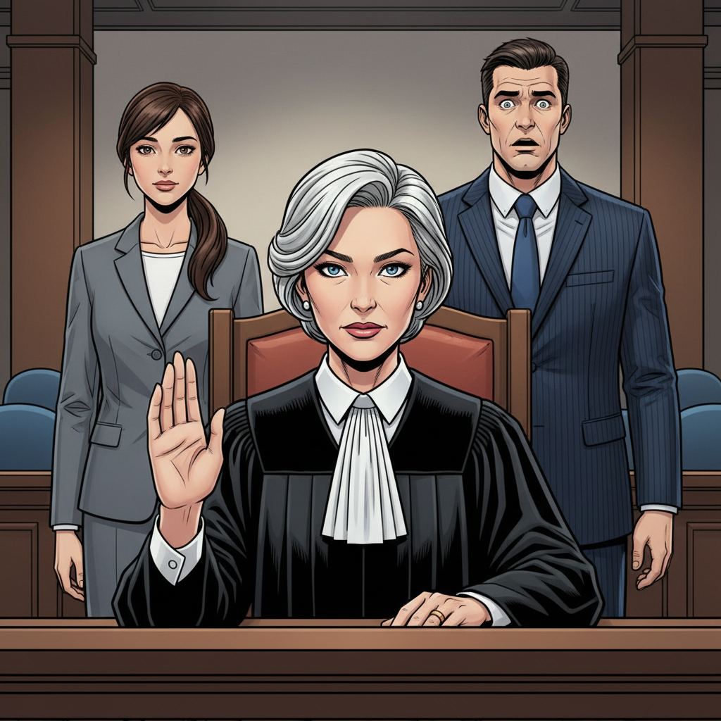 Судебное Разбирательство — page 1 panel 5: Судья Елена Петрова торжественно поднимает руку, ее лицо выражает глубокую задумчивость и серьезность. Ее голос звучит громко и отчетливо, объявляя решение суда. Лица истца и ответчика замирают в ожидании, а затем выражают шок и облегчение.
