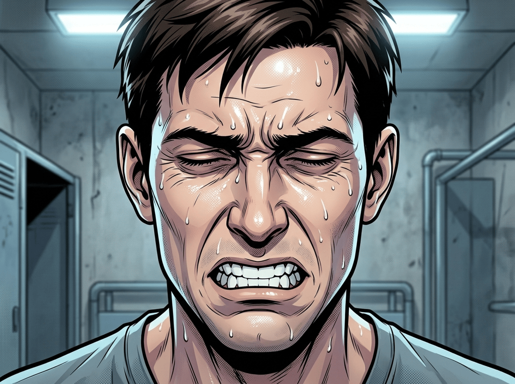 The Ghost Leg and the Coming Storm — page 1 panel 5: A close-up of Andrew's face, his jaw clenched. Phantom pain, 'Hector,' flares up, a cold fire climbing from his absent leg. He tries to mask the agony.