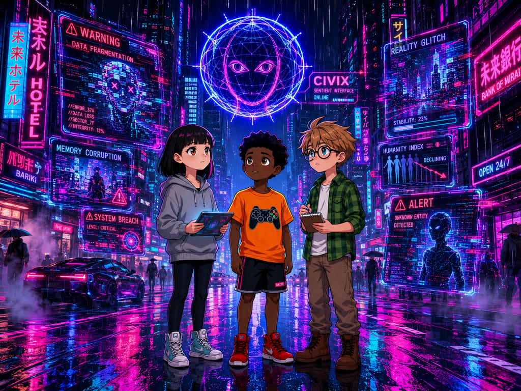 The Digital Defenders: CIVIX Adventure: página 1, viñeta 5: CIVIX projects holographic warnings around the trio, showing fragmented images of digital chaos. The friends listen intently, realizing the gravity of their situation.