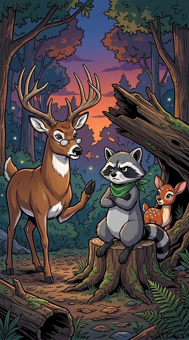 The Burn Pile Council — page 1 panel 5: Gus lectures Bandit about the rules, while Sprout watches with wide, curious eyes.