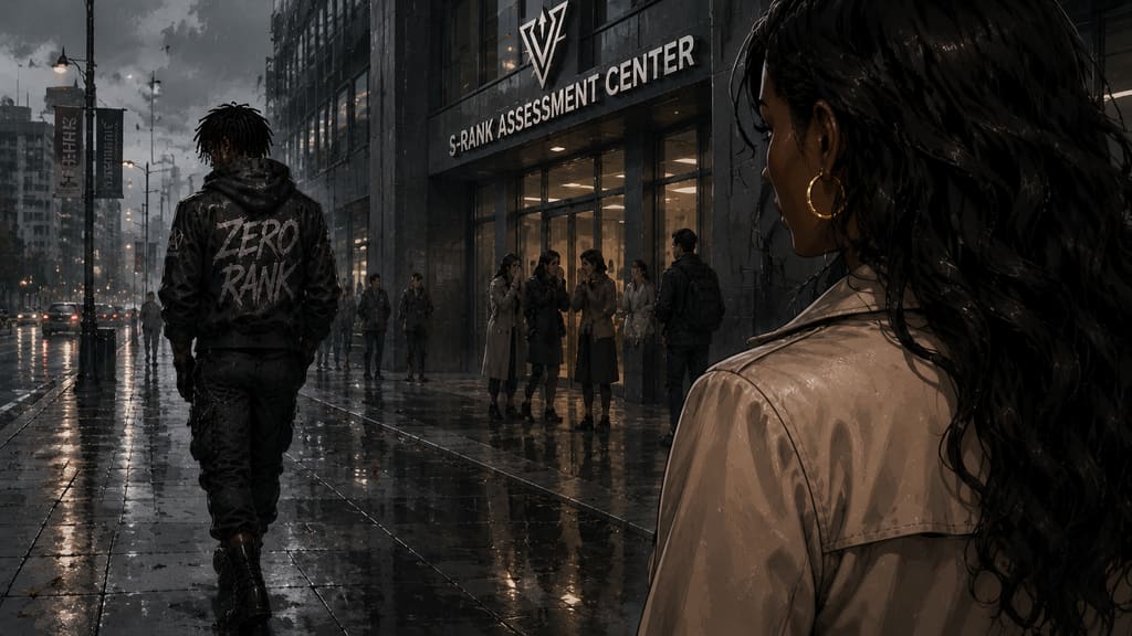 ZERO RANK — Episode 1: Rank Zero — page 1 panel 5: Outside the center, strangers whisper while Malik walks away alone. Elena remain behind, watching him with concern.