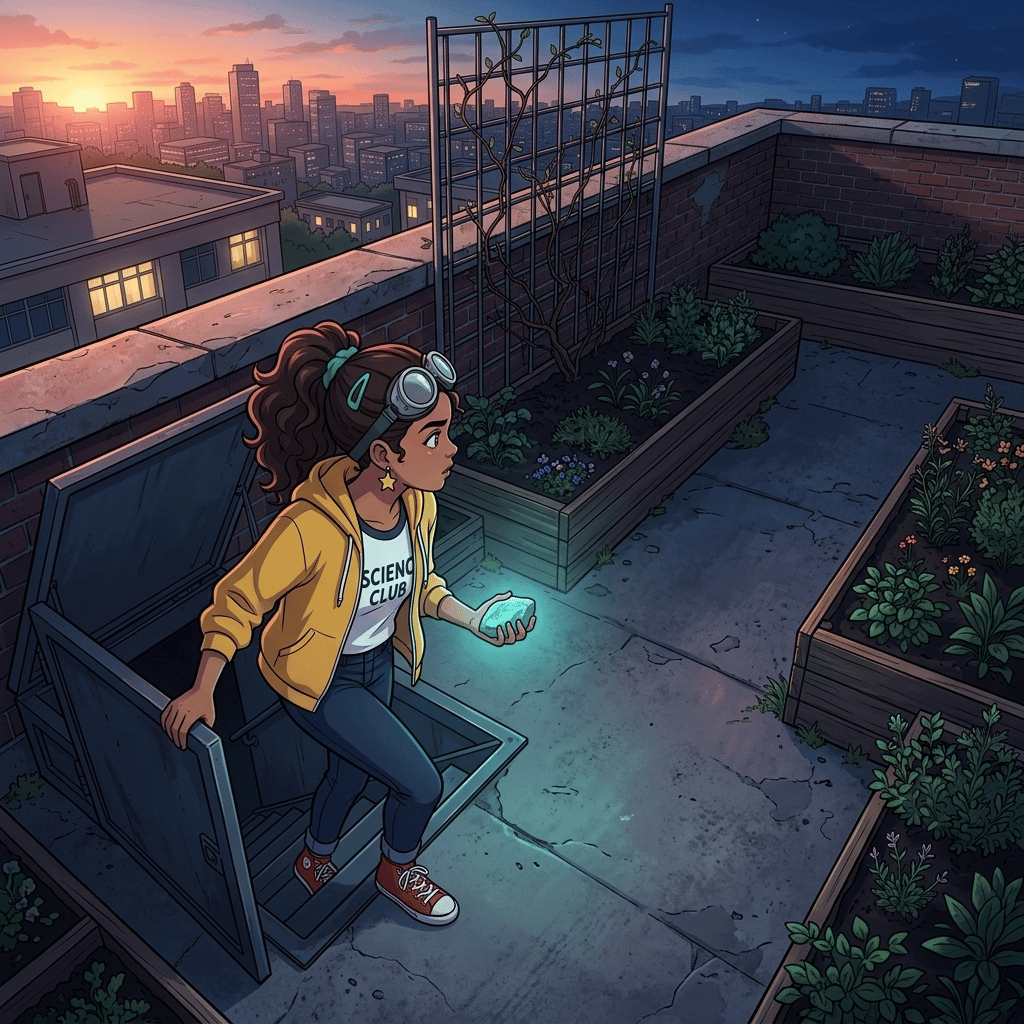The Secret Above the City — page 1 panel 5: Night settles over the school. Maya climbs the rooftop access stairs alone, clutching the glowing rock, nervous but determined to test it.
