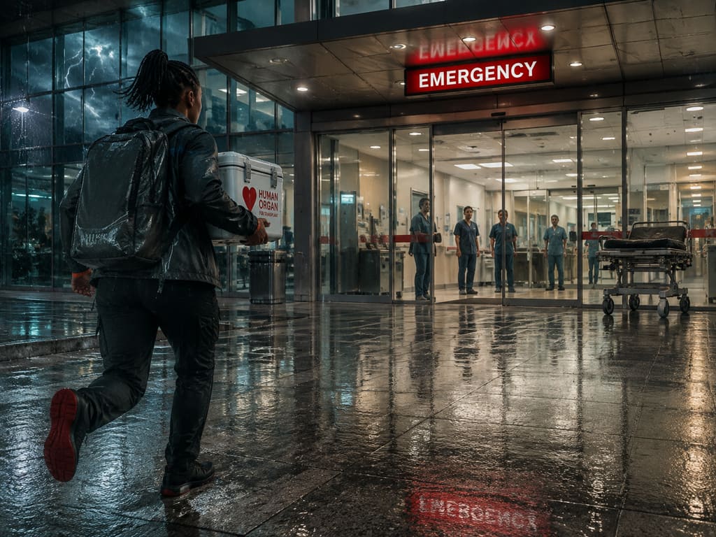 Across the Storm — page 1 panel 5: Mara lands hard on the far side, slides across the rain-slick surface, then surges toward the hospital doors with the cooler intact and seconds remaining.