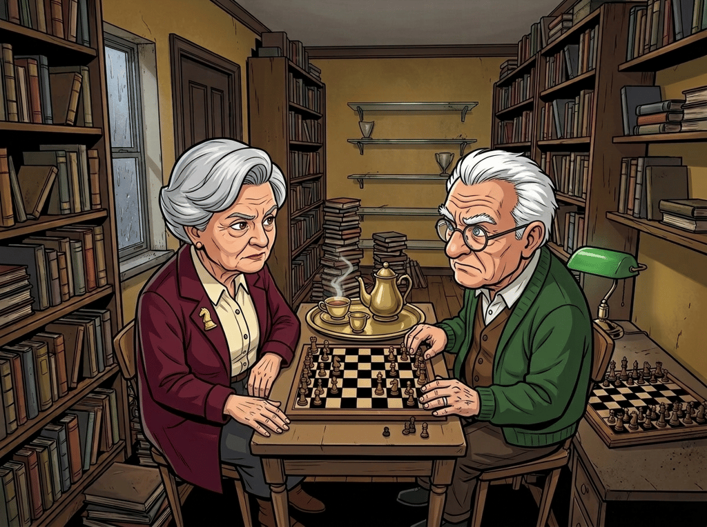 The Last Deliberate Draw — page 1 panel 5: Over tea, the old rivals replay the famous final match from memory, each accusation sharpening the room's silence.