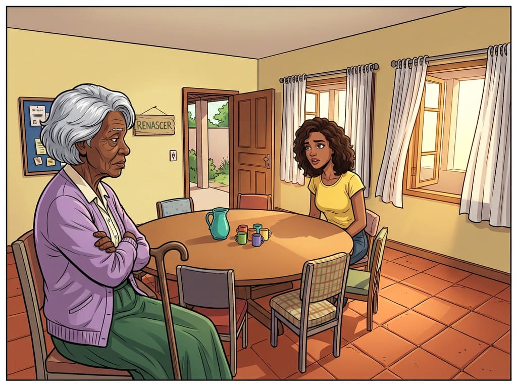 Renascer: Cuidar de Si Também é Viver — page 1 panel 5: Lucília cruza os braços e revela um mito doloroso: para ela, cuidar da saúde parece pertencer a quem tem marido e uma vida fora dali.