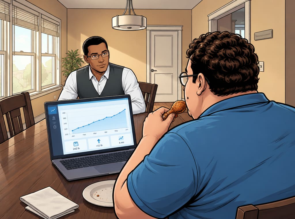 Datagedreven afvallen........ of niet? — page 1 panel 5: The first dashboard appears: Martin's weight line rises steadily while Martin quietly nibbles a chicken drumstick.