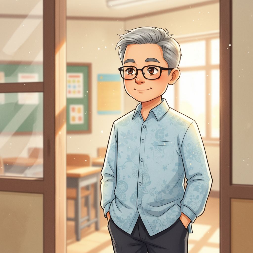 Semester Baru, Awal yang Baru — page 1 panel 6: Dari ambang pintu kelas, Pak Budi, guru sejarah yang bijaksana, memperhatikan Raka dengan senyum tipis. Dia seolah tahu apa yang sedang Raka pikirkan.