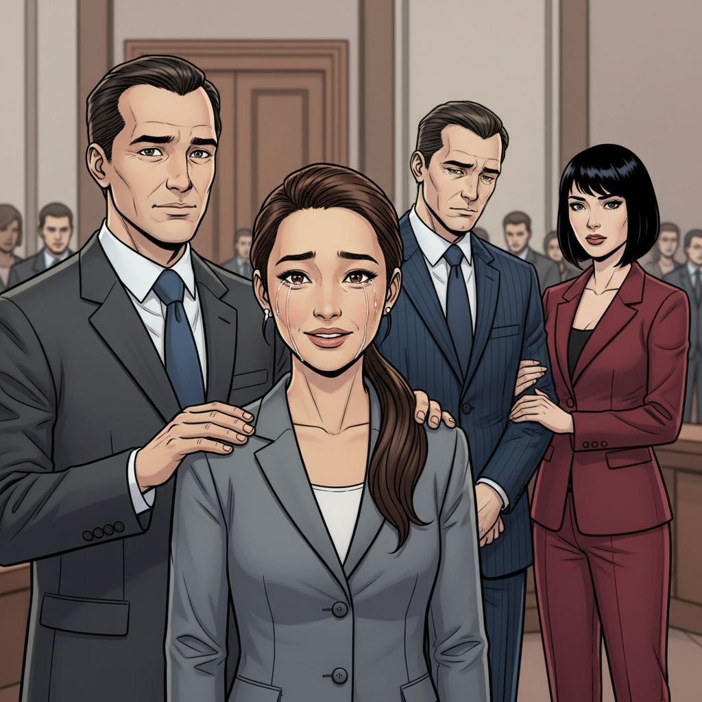 Судебное Разбирательство — page 1 panel 6: Анна Иванова глубоко вздыхает с облегчением, ее глаза наполняются слезами радости. Борис Волков отступает, его плечи опущены в знак поражения. Справедливость восторжествовала, и теперь каждый пойдет своим путем, изменившись после этого дня.