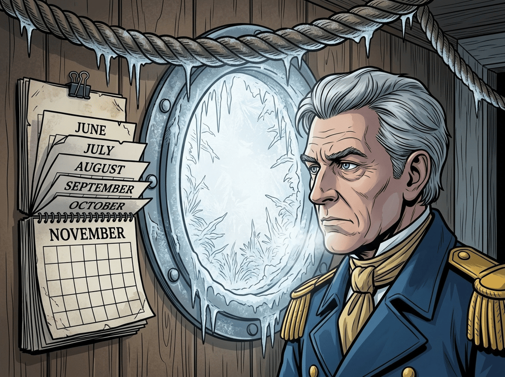 The Man Who Outlived the Ice — page 1 panel 6: A montage of small details shows the relentless passage of time: a frost-covered porthole, a frozen rope, a calendar page turning to show months passing, winter's grip tightening.