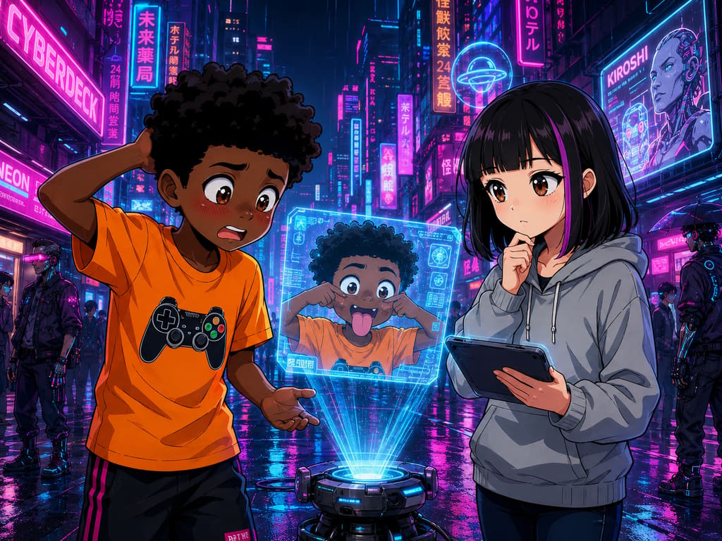 The Digital Defenders: CIVIX Adventure: página 1, viñeta 6: A digital image of Jordan, looking silly, appears floating above them. Jordan looks embarrassed and confused, while Maya immediately appears concerned for his privacy.