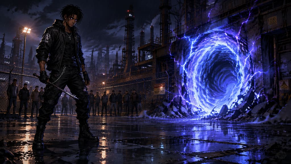 ZERO RANK — Episode 1: Rank Zero — page 1 panel 6: That night, Malik stands before a low-level Gate entrance. His fear is obvious, but he grips his weapon and steps forward anyway.