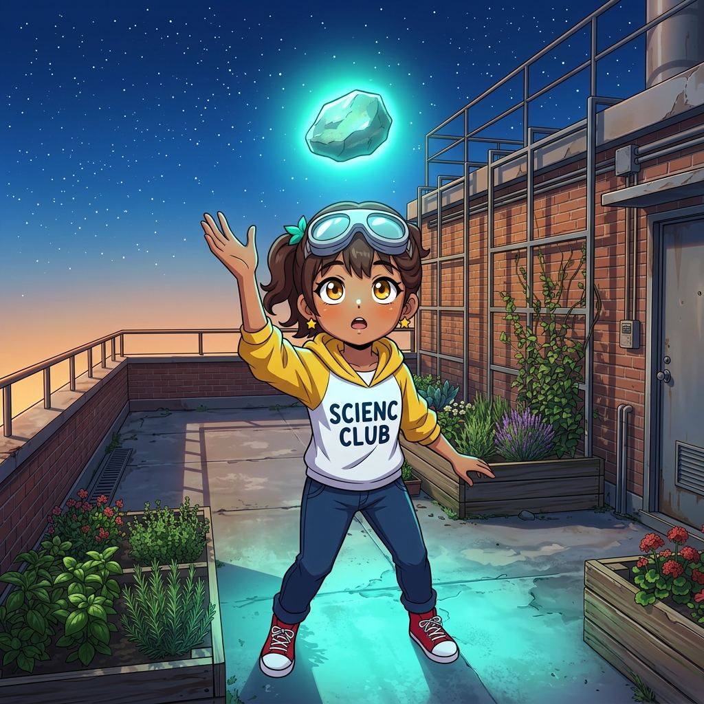 The Secret Above the City — page 1 panel 6: Above the rooftop garden, the rock rises from Maya’s open palm and floats in the night air. She stares upward, stunned.