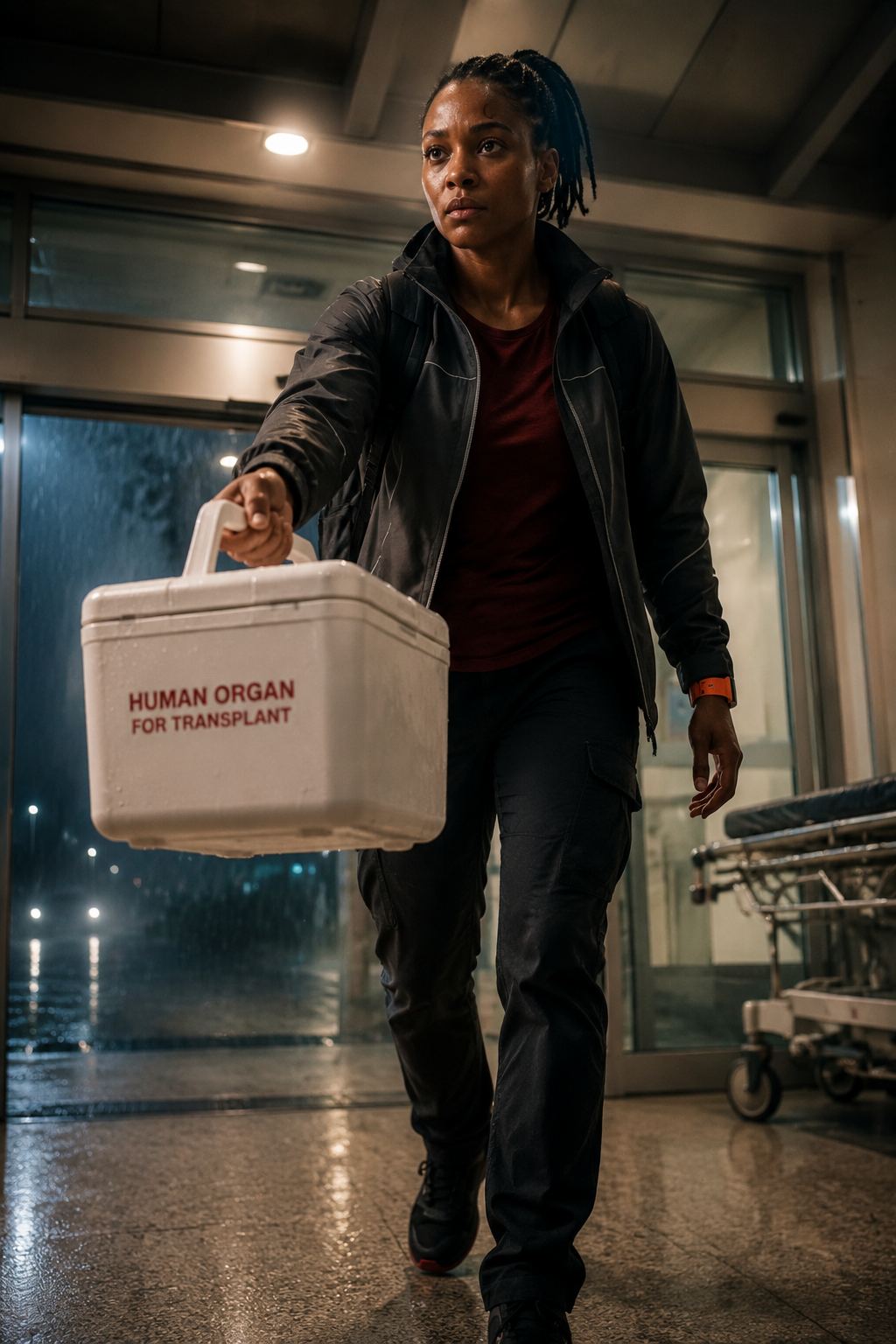 Across the Storm — page 1 panel 6: Mara reaches the hospital doors just in time and thrusts the heart-transplant cooler into waiting hands, exhausted as the emergency mission succeeds.