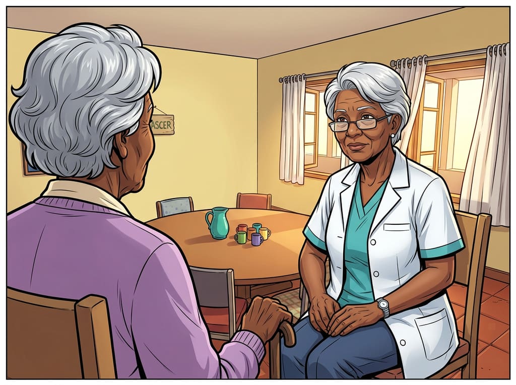 Renascer: Cuidar de Si Também é Viver — page 1 panel 6: Terezinha não corrige Lucília de imediato. Ela apenas faz uma pergunta, criando um silêncio respeitoso.
