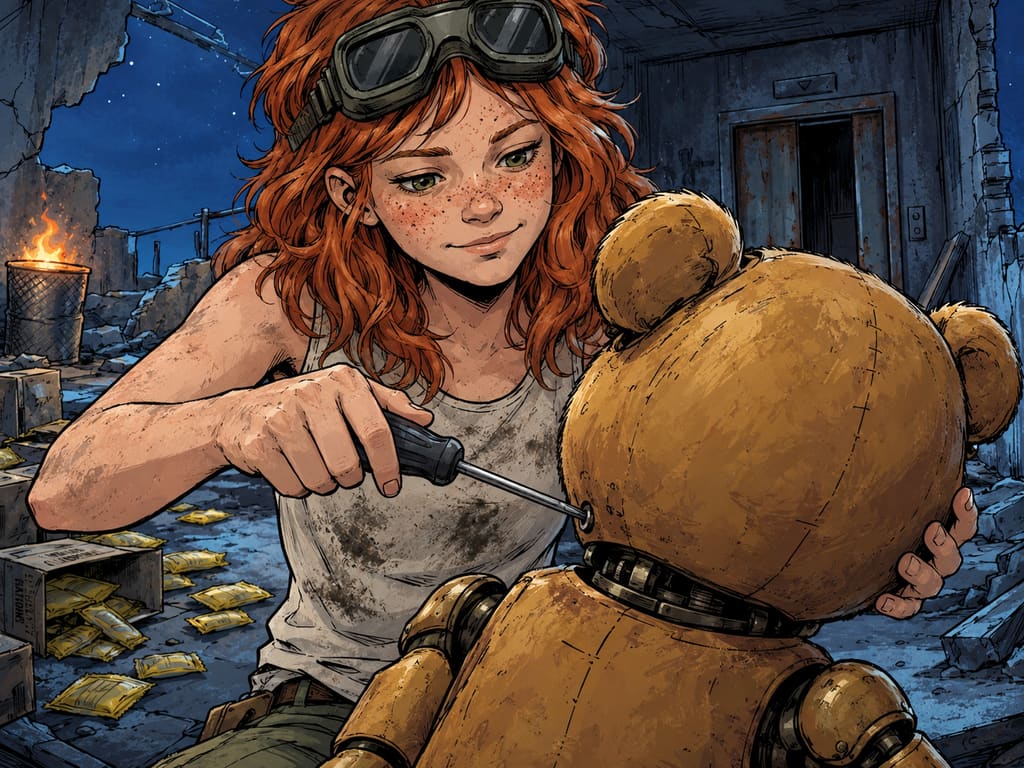 Ivy dans le paysage post-apocalyptique — page 20 panel 1: Ivy achève son réglage au niveau du ventre de Ted. Elle retire le tournevis avec précaution et affiche un air satisfait, tandis que Ted reste assis devant elle.
