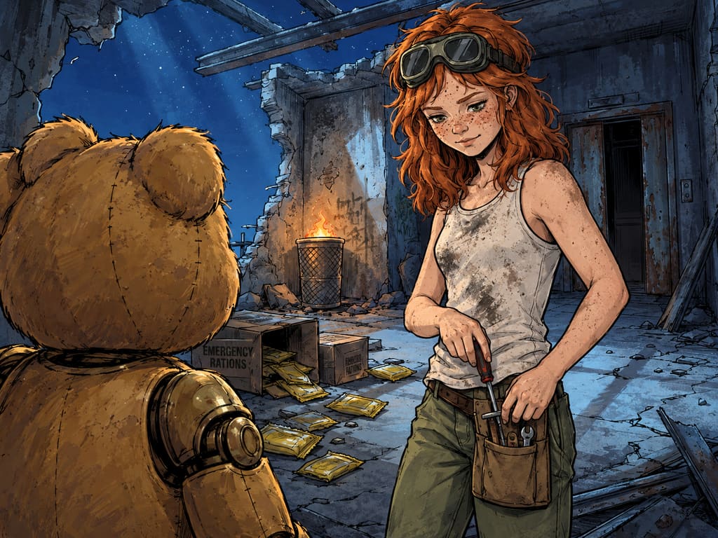 Ivy dans le paysage post-apocalyptique — page 20 panel 2: Ivy range le tournevis avec ses autres outils à sa ceinture. Ted l’observe depuis le sol, attentif et légèrement amusé par son propre état.