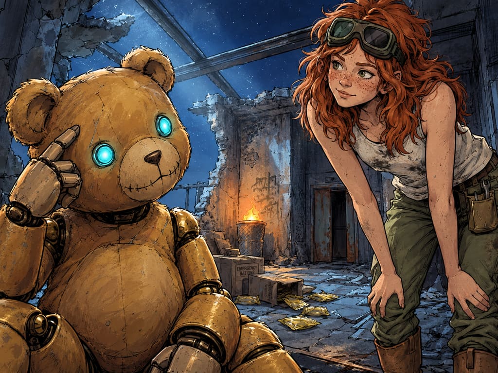 Ivy dans le paysage post-apocalyptique — page 20 panel 3: Ted se tapote le front avec une petite fierté mécanique. Ivy lui répond avec une plaisanterie, les outils tintant doucement à sa ceinture.