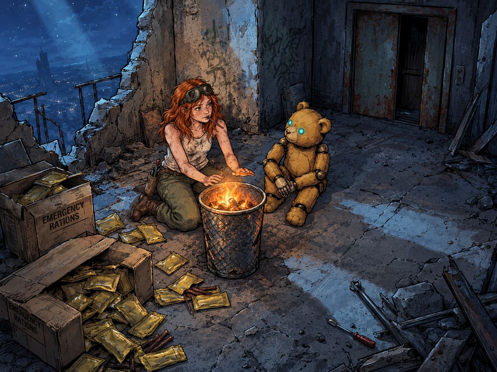 Ivy dans le paysage post-apocalyptique — page 20 panel 4: Ivy s’accroupit près de la corbeille et tend ses mains au-dessus du feu pour les réchauffer. Elle continue de manger les bâtonnets de survie, les sachets jaunes ouverts posés devant elle.