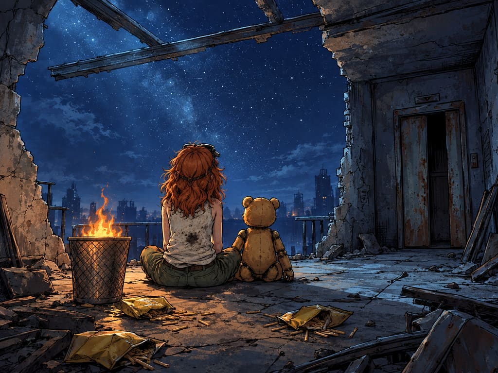 Ivy dans le paysage post-apocalyptique — page 20 panel 5: Vue de dos : Ivy et Ted sont assis côte à côte près du feu dans la corbeille. Ils admirent ensemble le ciel nocturne étoilé au-dessus des ruines.
