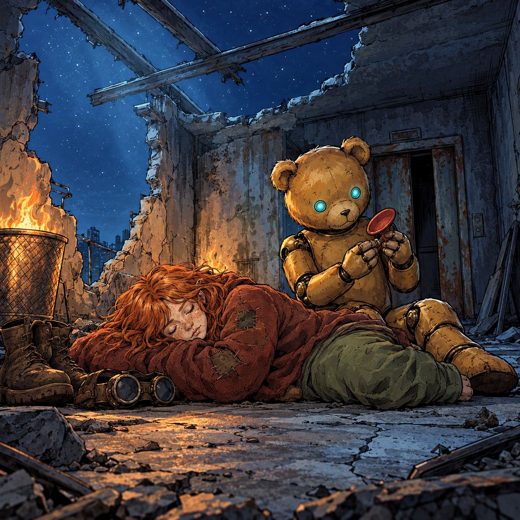 Ivy dans le paysage post-apocalyptique — page 21 panel 3: Ivy s’endort enfin sous le ciel nocturne, blottie près du feu. Ted est assis à ses côtés et examine une ventouse avec une concentration émerveillée, comme s’il n’en avait jamais vu. les bottes marron usées et les lunettes de soudeur d'ivy sont poser à cotés d'elle.