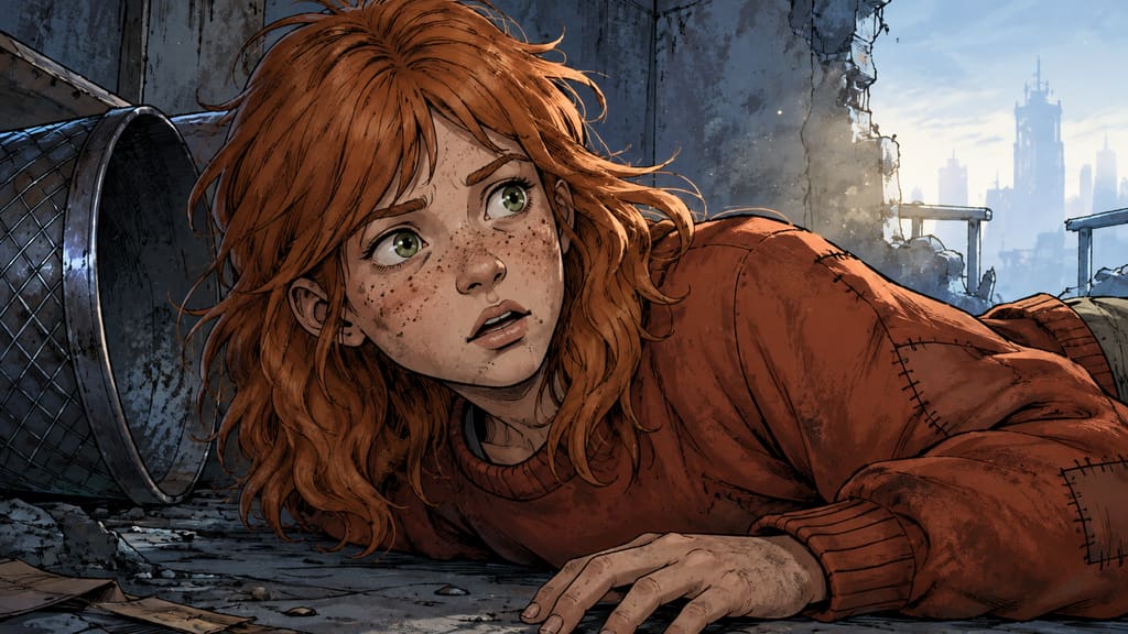 Ivy dans le paysage post-apocalyptique — page 22 panel 1: Au petit matin, Ivy se réveille en sursaut, le visage tendu par un ordre brutal venu d’au-dessus d’elle.