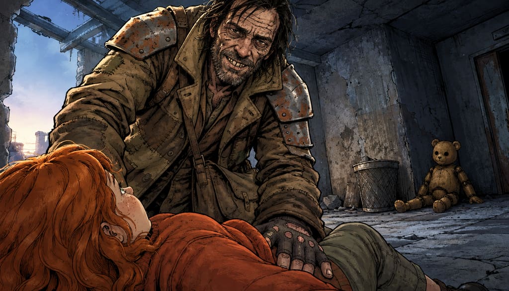 Ivy dans le paysage post-apocalyptique — page 22 panel 2: Le pillard édenté apparaît de face, penché au-dessus d’Ivy. Son sourire mauvais révèle ses dents irrégulières, tandis que la silhouette désactivée de Ted reste dans un coin.