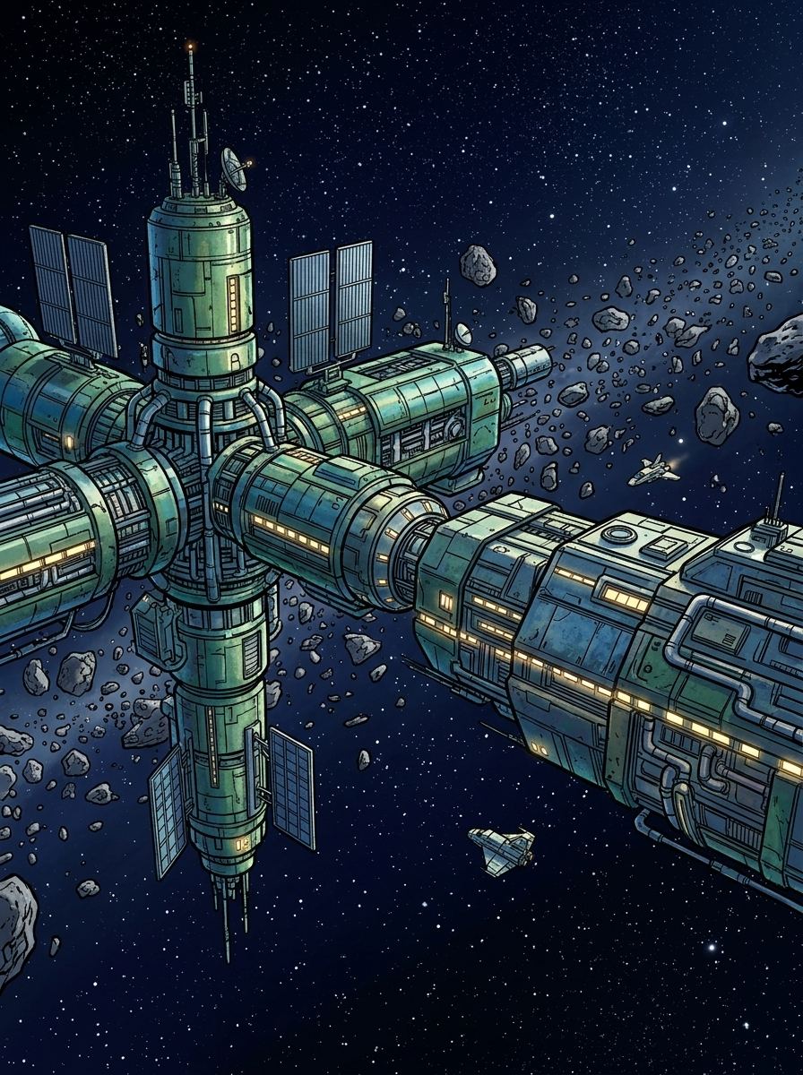 Altir's Fall — page 23 panel 1: Grand final shot of Orion Station floating against the backdrop of a vast asteroid field.