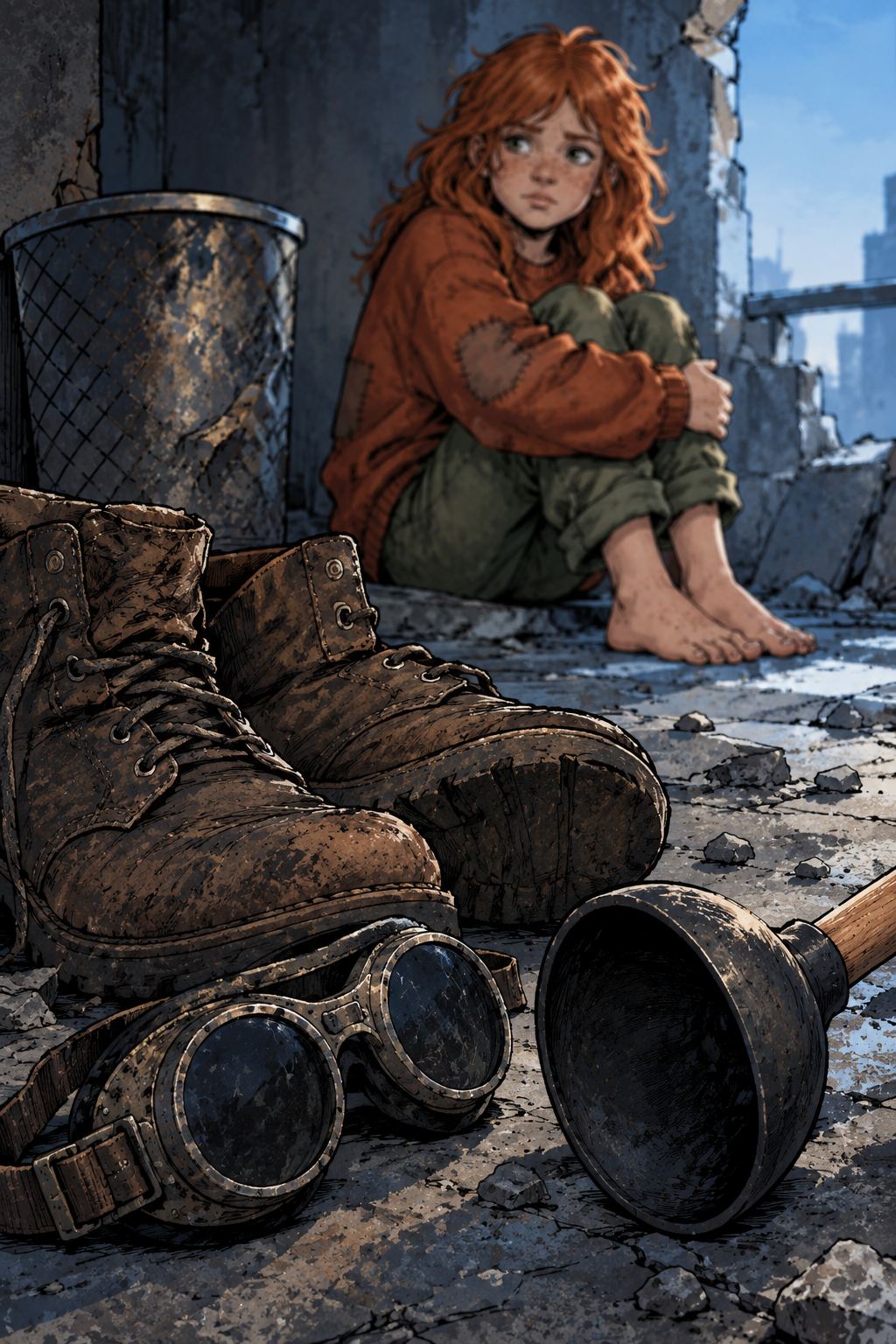 Ivy dans le paysage post-apocalyptique — page 23 panel 1: Le regard d’Ivy glisse vers ses affaires abandonnées : ses bottes marron usées, ses lunettes de soudeur et la ventouse reposent près des débris.