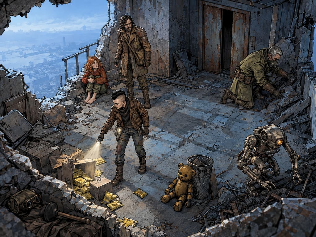 Ivy dans le paysage post-apocalyptique — page 24 panel 1: Une vue large révèle toute la scène : trois pillards et leur droïde fouillent l’appartement pendant que le pillard édenté surveille Ivy et que Ted reste inerte, adossé à la corbeille près de l’ascenseur.