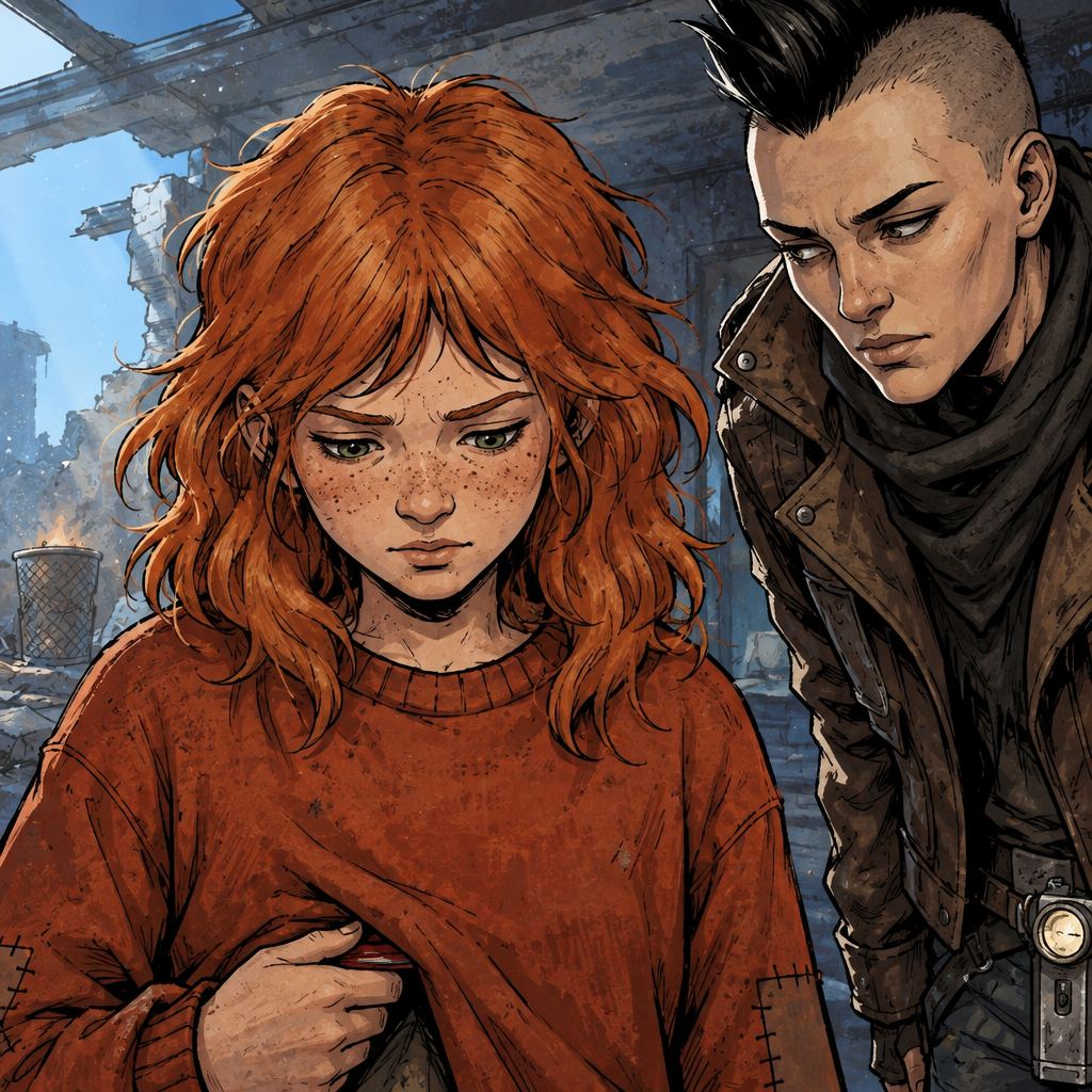 Ivy dans le paysage post-apocalyptique — page 26 panel 2: La Pillard à la lampe exige de savoir comment Ivy a réussi. Ivy baisse les yeux, partagée entre la peur et la nécessité de protéger le secret de son père.