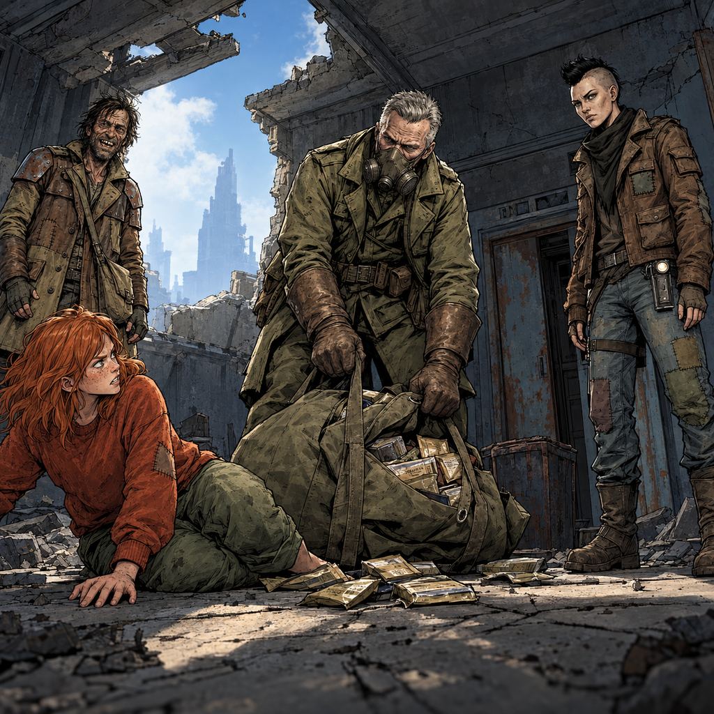 Ivy dans le paysage post-apocalyptique — page 26 panel 3: Le Pillard édenté ricane en entendant le nom d’Exo. Au centre de la pièce, le Pillard au masque dépose un sac de marin débordant de rations de secours.
