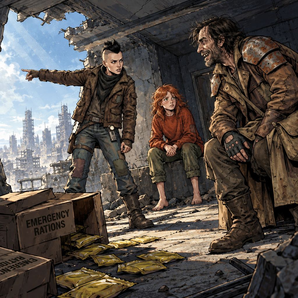 Ivy dans le paysage post-apocalyptique — page 27 panel 3: Les paroles deviennent plus précises et plus cruelles. La Pillard à la lampe décrit le jour où les systèmes d’Exo ont cessé d’obéir, tandis que le Pillard édenté approuve d’un ricanement.
