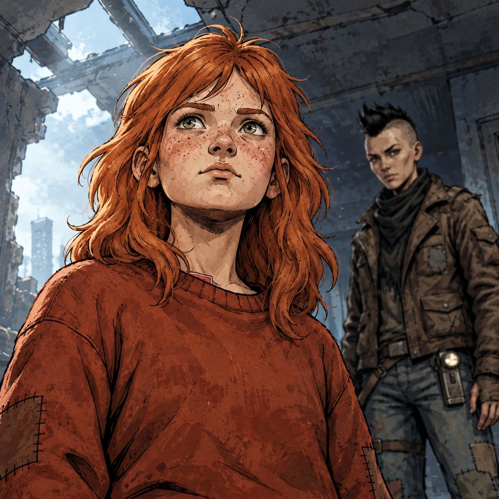 Ivy dans le paysage post-apocalyptique — page 27 panel 4: Ivy relève lentement la tête. Sa peur n’a pas disparu, mais la colère qu’elle ressent pour son père lui rend assez de force pour soutenir le regard de la Pillard à la lampe.