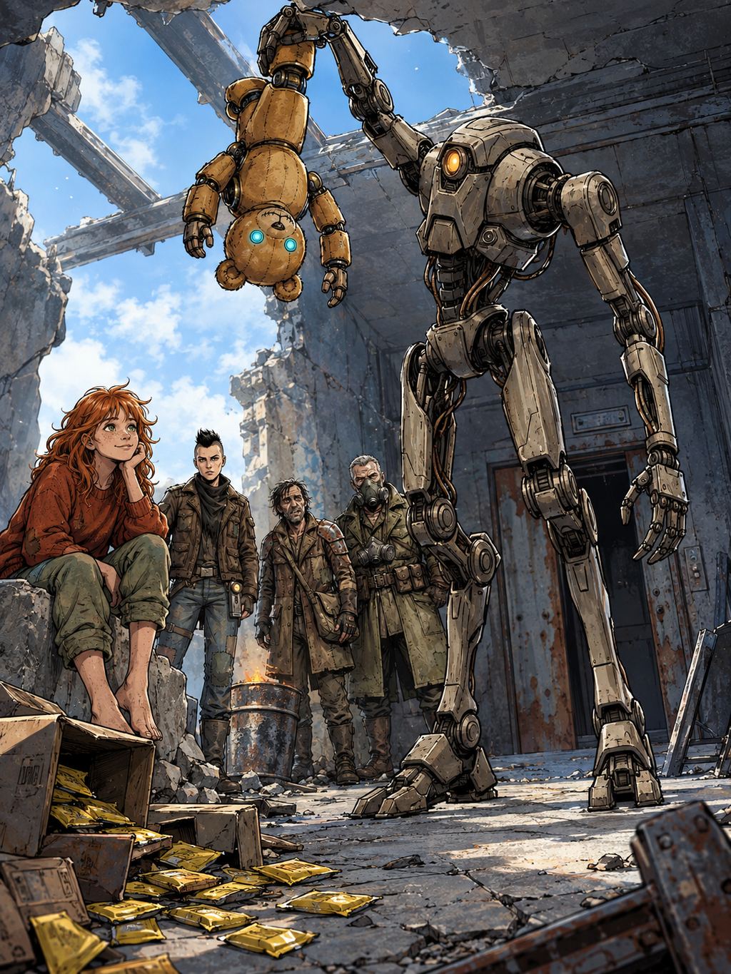 Ivy dans le paysage post-apocalyptique — page 29 panel 1: De jour, le Droïde des pillards agite Ted toujours suspendu à l’envers par une jambe. Ted le provoque avec un calme insolent, tandis que les pillards observent la dispute.
