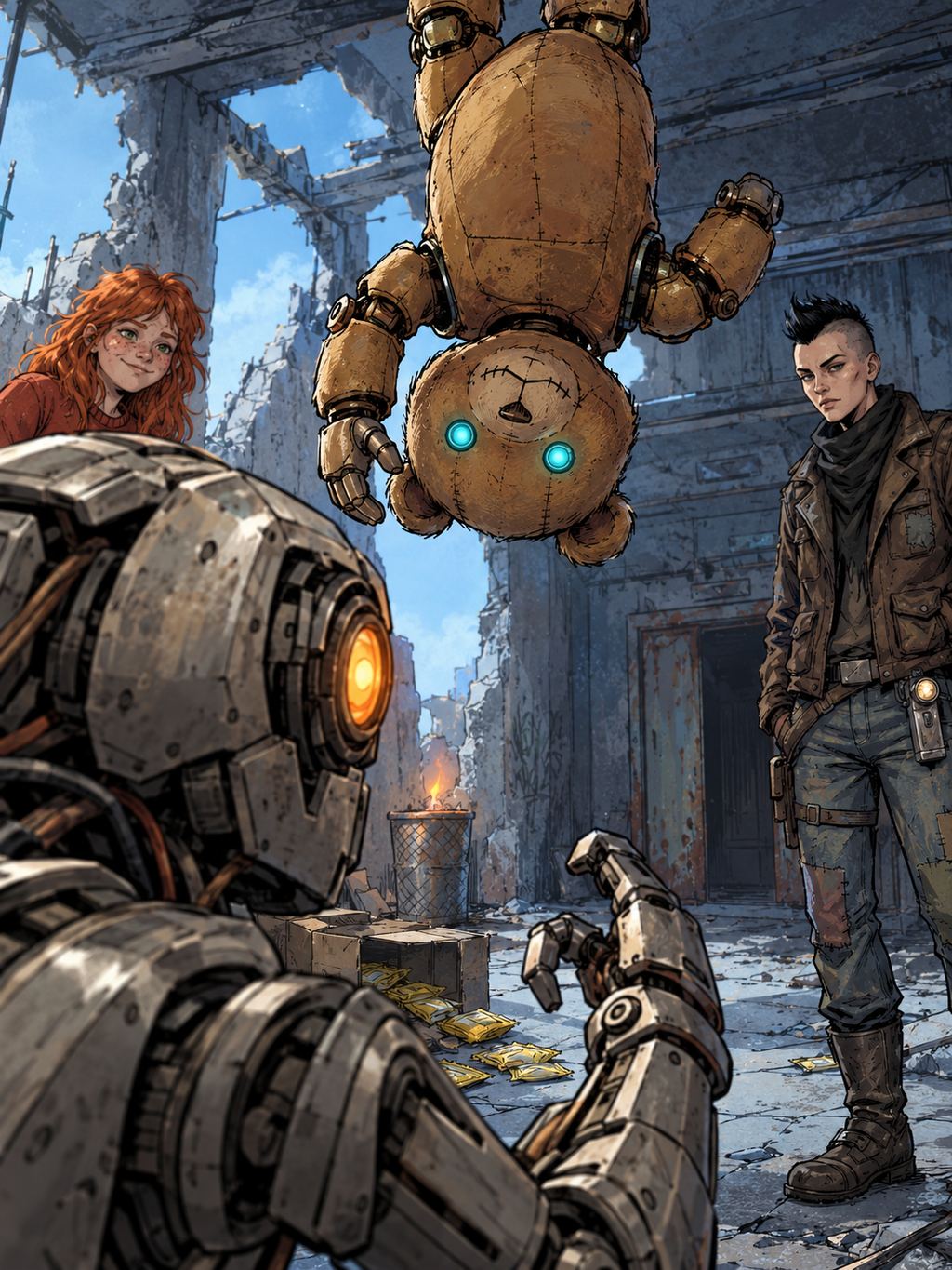 Ivy dans le paysage post-apocalyptique — page 29 panel 2: Le Droïde des pillards rapproche Ted de son capteur optique et le secoue plus brutalement. Ted continue de se moquer de lui, tandis qu’Ivy laisse échapper un sourire en coin.