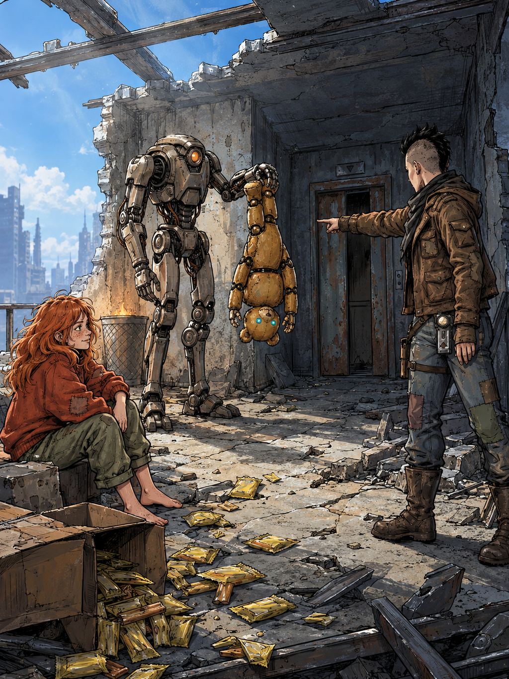 Ivy dans le paysage post-apocalyptique — page 29 panel 3: La Pillard à la lampe ordonne au droïde de pirater Ted. Ivy comprend immédiatement le danger et sourit, comme si elle savait déjà comment cela allait finir.