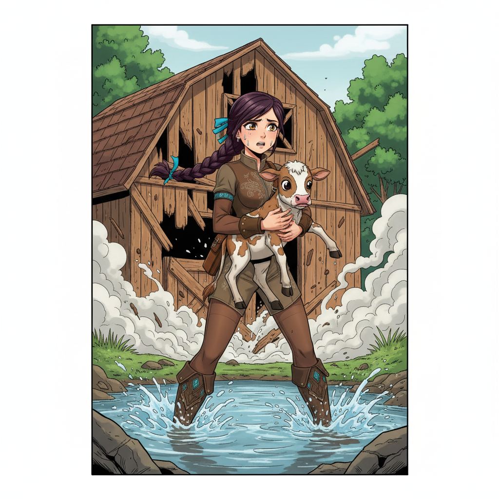 The Sky-Rider's Rescue — page 2 panel 4: Skye and the calf splash into the cool, shallow waters of the creek, just moments before the entire barn roof caves in with a thunderous roar. Exhausted but safe, Skye collapses gently into the water, the calf still held close.