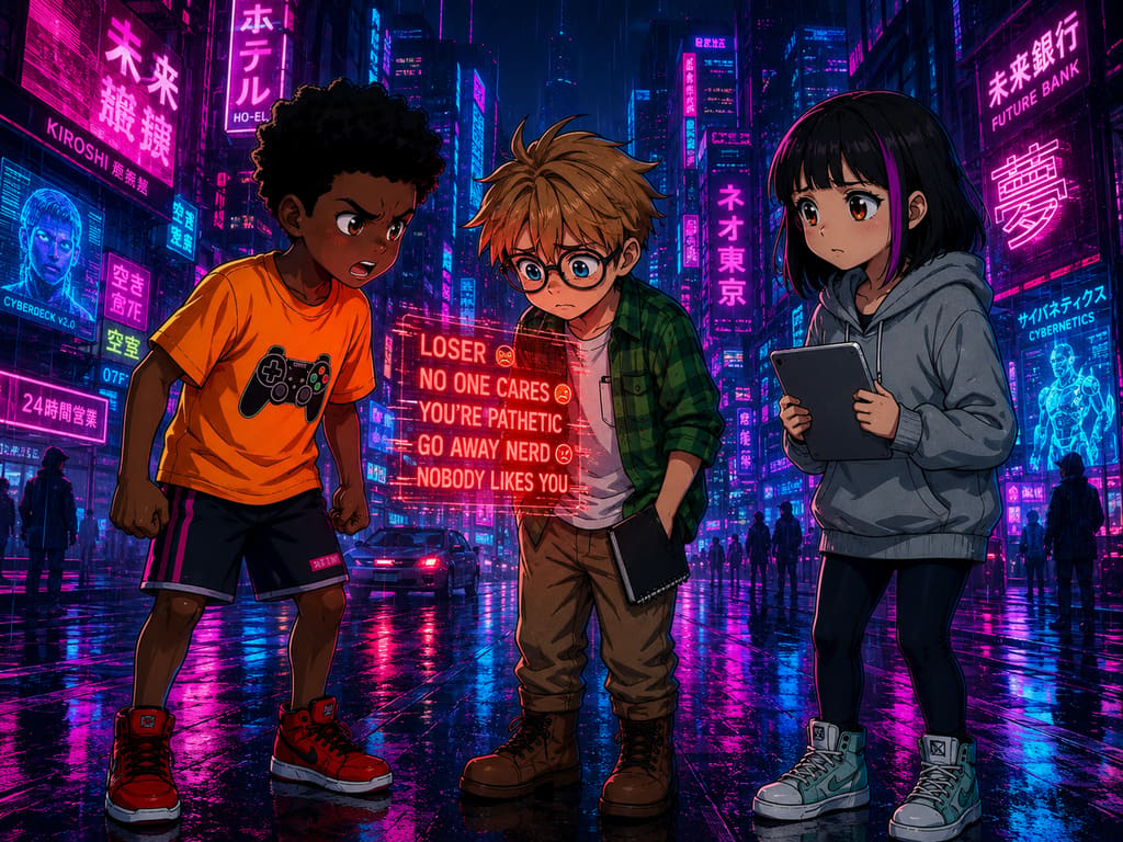The Digital Defenders: CIVIX Adventure: página 2, viñeta 4: A harsh, hurtful message about Sam appears in glowing red text, floating menacingly. Sam looks visibly hurt, Jordan clenches his fists in anger.