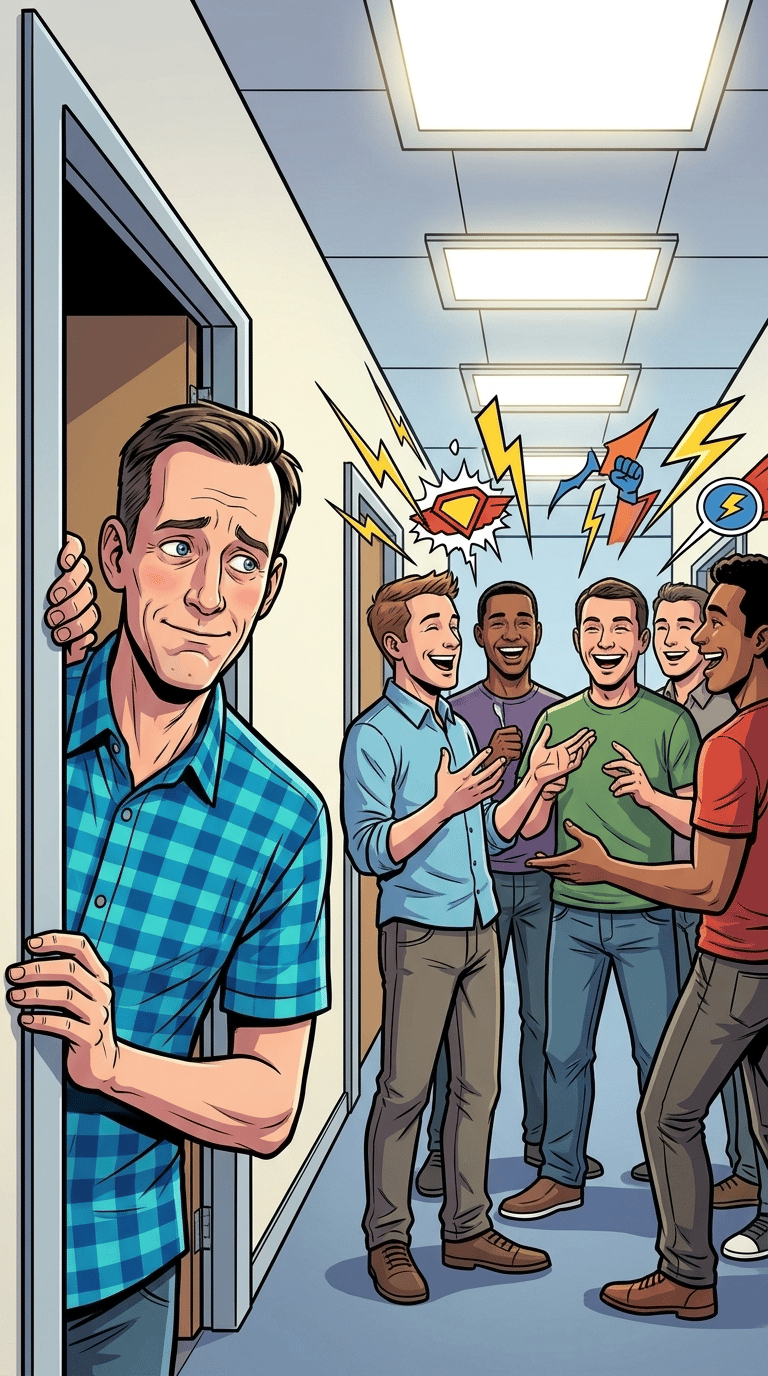 The Man Who Built Google's Brain — page 2 panel 4: Engineers trade exaggerated Jeff Dean Facts in a lively hallway, turning his technical reputation into superhero folklore. Jeff Dean overhears them with quiet embarrassment.