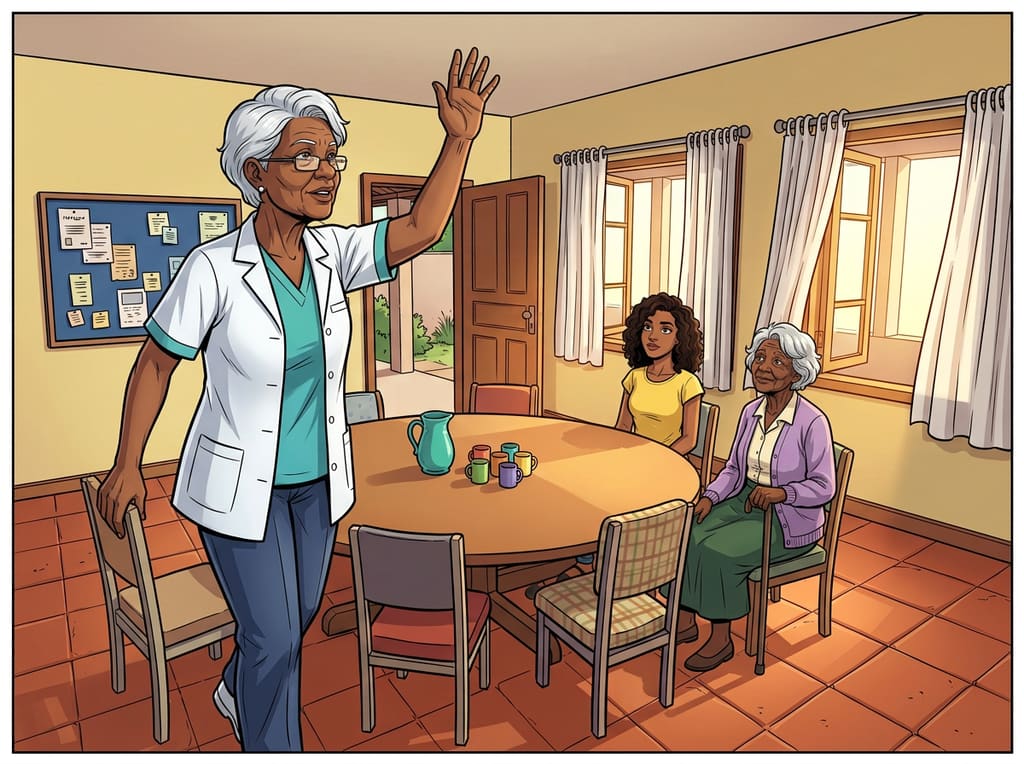Renascer: Cuidar de Si Também é Viver — page 2 panel 4: A surpresa de Terezinha quebra a falsa certeza. Ela se levanta e propõe chamar todas para uma conversa mais completa.