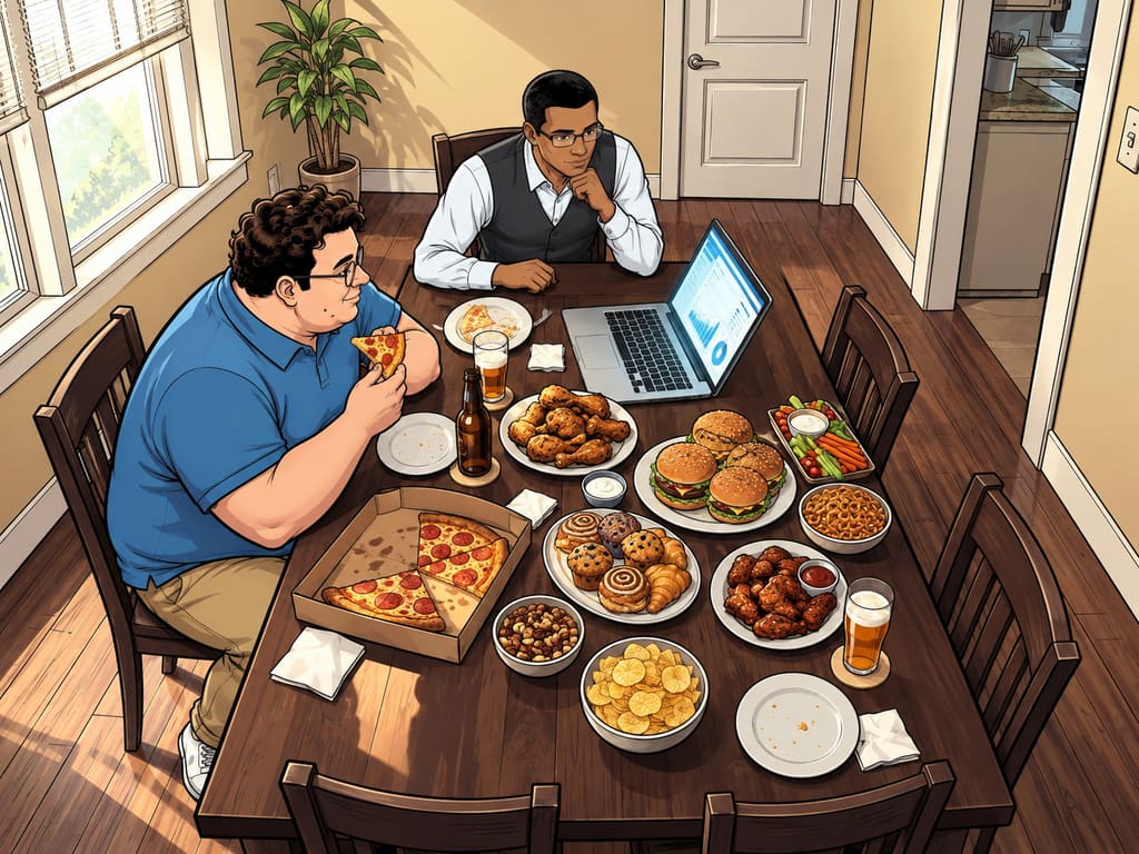 Datagedreven afvallen........ of niet? — page 2 panel 4: Time passes in a compressed comic beat: the dashboard remains polished while Martin's meals grow larger around it.